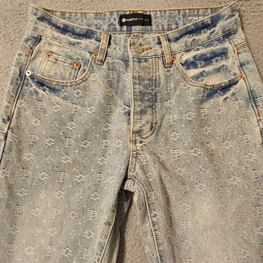 Purple Brand P006 Mens Light Acid Wash Monogram Logo Slim Fit Jeans Size 30 x 31